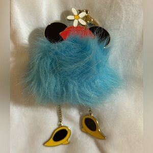 Disney Parks Blue Furry Keychain Minnie Mouse w/ red floral hat and Yellow Shoes